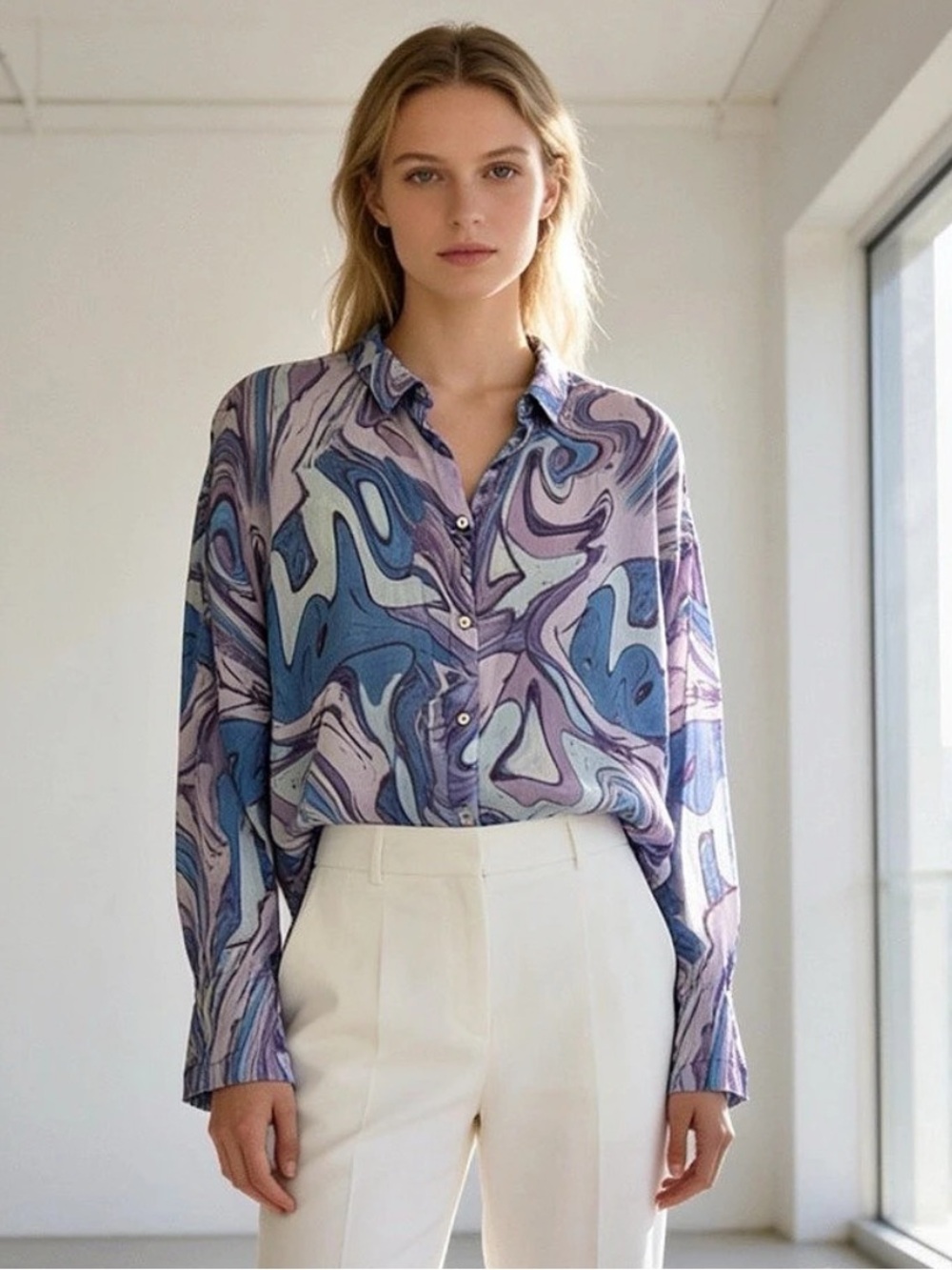 Primark Women’s S Abstract Swirl Print Button Front Blouse Blue Purple Long Slee